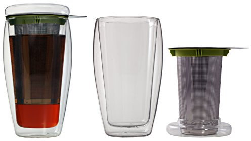 400ml XL doppelwandiger Eistee-/Teebereiter mit Filter und Glasdeckel (4go Thermoglas mit Schwebe-Effekt), ideal für Eistee, fürs Büro, unterwegs oder als Geschenk, von Feelino