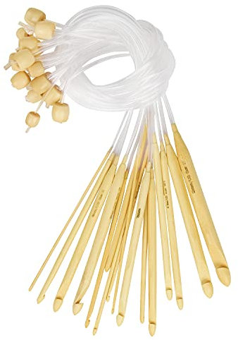Curtzy Bamboo Wood Crochet Hooks with Plastic Cable (16 Pairs) - 2-12mm Sizes - Tunisian Hook Needles Set with Bead Ends - for Knitting Yarn, Weave Craft and Crocheting Projects