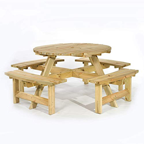 BrackenStyle York 8 Seat Round Picnic Table with Bench Seats and Parasol Hole - Outdoor Dining Furniture for Pubs Garden Patio Use 8 People Seater 1.8M 180cm 6ft Diameter (Green Pine)