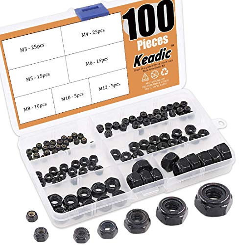 Keadic 100 Pieces Black M12/M10/M8/M6/M5/M4/M3 Hex Lock Nuts Carbon Steel Nylon Insert Locknut Assortment Threaded Inserts Hex Nut Set Assorted Nylon Locking Nuts