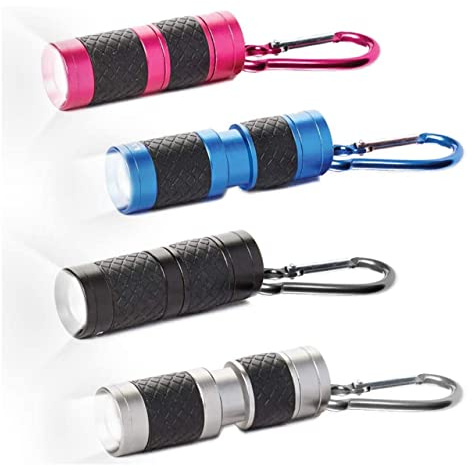 LUXPRO 40 Lumen Keychain Focus Mini LED Flashlight - Features Aircraft-Grade Aluminum and Rubber Grip - Gift for Kids with a Matching Carabiner Clip - Batteries Included - 4 Pack