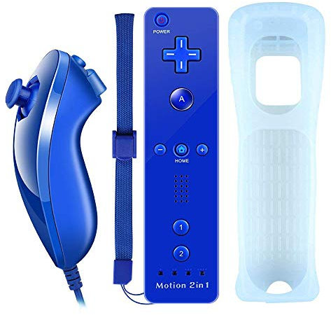 COOLEAD 2 en 1 Motion Plus Remote Game Controller et Nunchuk Controller pour Wii et Wii U avec étui en silicone et dragonne bleu foncé