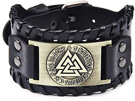 Bracciale da uomo in vera pelle nera intrecciata, cinturino in vera pelle, motivo totem Odin, stile vintage, pelle, 27cm, Pelle
