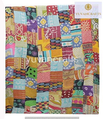 YUVANCRAFTS Colcha india hecha a mano con retazos Kantha, tamaño individual, tradicional, de algodón, colcha Kantha, manta Gudari