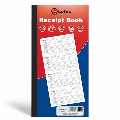 Lotus, NCR Duplicate Receipt Book 135 x 280mm. 4 Receipts per Page. 200 Duplicate Sets. Micro-Perforated. Serially Numbered. Side Taped Book DNCR-8000