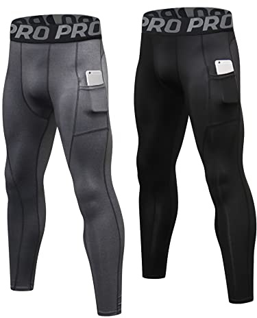 YUSHOW 2 Pack Mens Compression Leggings Cool Dry Running Base Layer with Pockets Sports Tights for Workout Athletic Training Gym