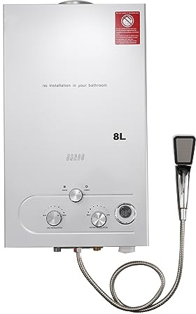 TABODD 8L LPG Propane Gas Water Heater, 2.11GPM Portable Tankless Instant Hot Water Heater Boiler Burner with Stainless Steel Shower Head Kit for Small Homes RV's Sailboats Cabins Camping, Silver