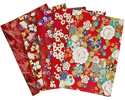 aufodara 5 pezzi di tessuto in cotone per patchwork, 50 x 50 cm, stile giapponese stampato floreale con bellissimi motivi dorati, panno abbronzante per cucito, trapuntatura, fai da te, lavori manuali