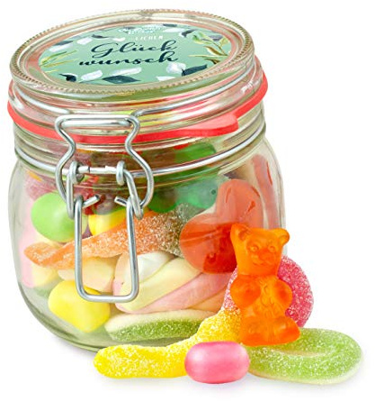 Kleines Herzlichen Glückwunsch Glas – bunter Süßigkeiten-Mix in hochwertigem Geschenk-Glas