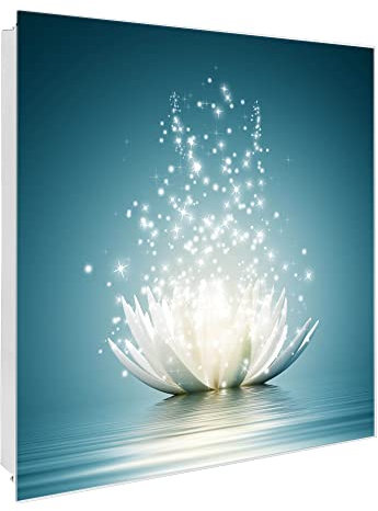 banjado Großer Schlüsselkasten Glas - Schlüsselbox 30x30cm mit 50 Haken - Schlüsselkasten modern für Schlüsselaufbewahrung mit beschreibbarer, magnetischer Glastür - Motiv Lotusblüte