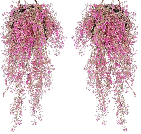 Kalsey 2 Stück Künstliche Blumen an der Wand, Hängende Blumen, Terrasse Künstliche Blumen, Kunstblumen für den Außenbereich, 85cm Künstliche Hängepflanzen für Haus, Garten, Hochzeit (Rote Rose)