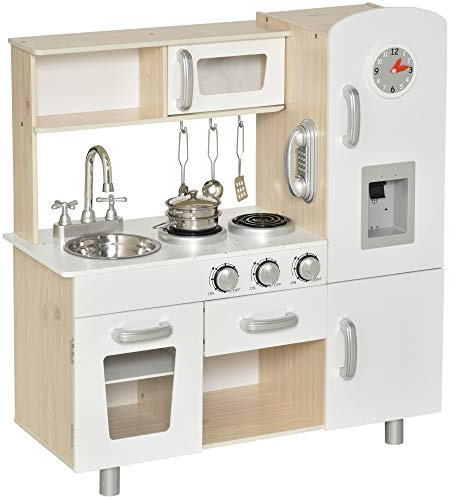 HOMCOM Cucina Giocattolo in Legno per Bambini con Lavandino e Fornelli, Pentole e Utensili in Acciaio, 74x30x81cm, Bianco
