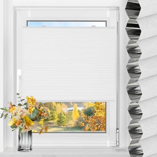 TFSKY Wabenplissee Plissee ohne Bohren Klemmfix Weiß-Weiß B60 x H130 cm | Verdunklungsplissee, Doppelplissee, Zweifarbigz, Thermo, Sonnenschutz, Hitzeschutz, Schallschutz, für Fenster Tür