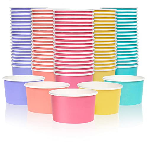 MATICAN Paper Ice Cream Cups, 100-Pack 5.5-oz Disposable Dessert Bowls for Hot and Cold, 5.5-ounce, 5 Pastel Colors