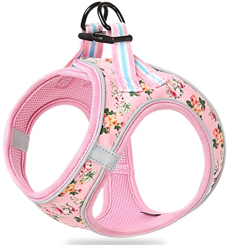 HEELE Dog Harness Small Dog Harness Anti-Pull Breathable Chest Harness No-Pull Safety Harness Reflective Adjustable Soft for Small Dogs Walking Running Training, Pink Flower, L