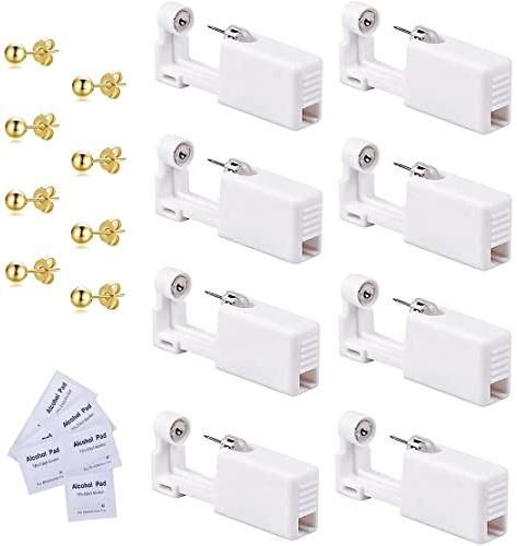 KOMUNJ 8 Stück Ohrlochstechpistole, Einweg Steril Sicherheits Ohrnasen Piercing Pistolen Kit, mit Ohrstecker, Asepsis Pierce Kit Piercing Zubehör, für Mädchen, Damen, Herren, Gold 3mm