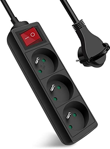 Extrastar Multiprise 3 Prises avec Interrupteur Fiche Plate, Bloc 3 Prises, Rallonge 1.5m 230 V avec sécurité Enfant, Noir