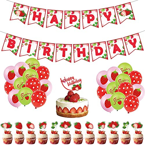 38 Piezas Cumpleaños Tema Fresa, Fresa Feliz Cumpleaños Pancarta, Decoraciones Fiestas Temáticas Fresa, para Fiesta Cumpleaños Decorar, Fiesta Temática Fresas