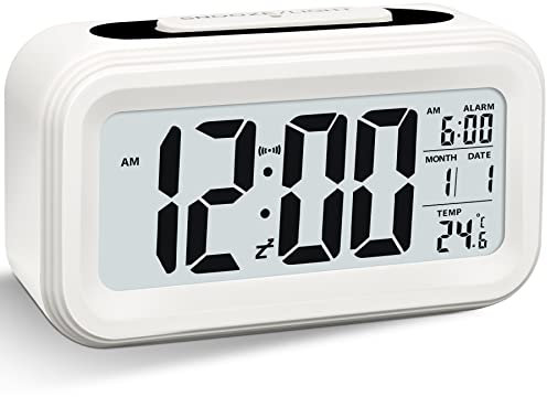 Larkumio Wecker Digital Ohne Ticken, Digitaler Wecker Batteriebetrieben Alarm Clock LED mit Licht Temperaturanzeige Snooze Kinderwecker Laut für Tiefschläfer Kinder Erwachsene, Weiß
