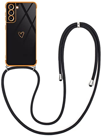 Newseego Crossbody Lanyard Case Compatible for Samsung Galaxy S22, Girls Women Cute Heart Golden Edge Silicone Shockproof Protective Case with Strap Adjustable Neck Cord Necklace Samsung S22-Black