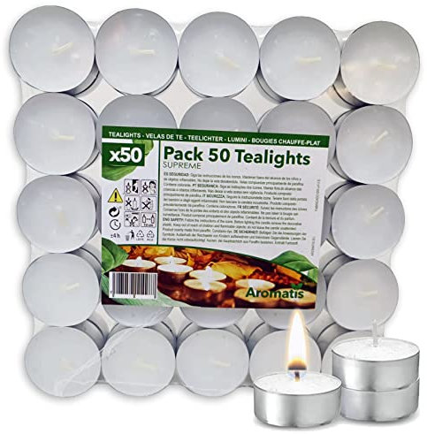 AROMATIS - 50 x Bougies Chauffe Plat - Bougies Blanches Individuelles Sans Parfum - Lot Bougies Sans Odeur Ø 39 mm - Durée 4 h - Fabriquées en EU