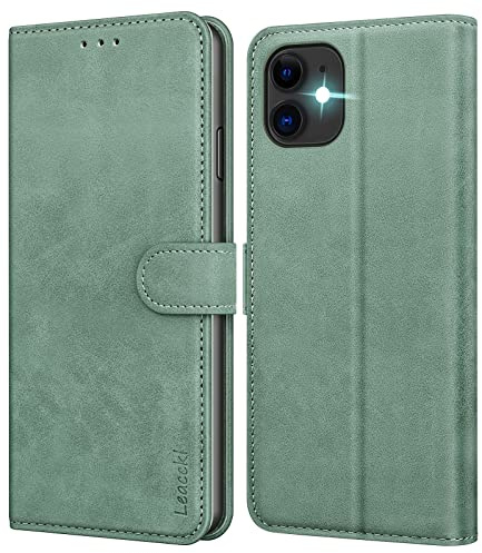 Leacckl Handyhülle für iPhone 11 Hülle, Premium PU Leder Brieftasche Stoßfeste [Kartenfächern] Schutzhülle Klapphülle Flip Case, Grün