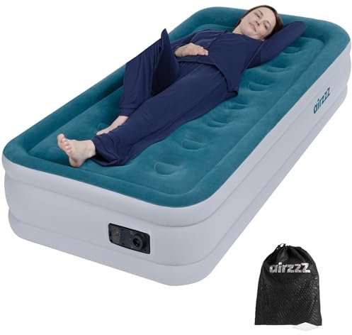 airzzZ Slumber Plus Air Bed - Single High Raise Flocked Non Slip Mattress - Inbuilt Electric Pump - Quick Self Inflation & Deflation - Camping,Hiking, Caravan, Guest Bed - Comes With Carry Bag