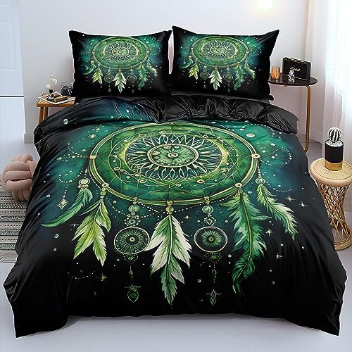 YUTNSAN Bettwäsche 135x200cm Traumfänger Grün Feder Muster Mädchenbettwäsche Kinderbettwäsche Set 2 Teilig Mikrofaser Schwarz Boho Exotisch Bettbezug mit Kissenbezug 80x80cm