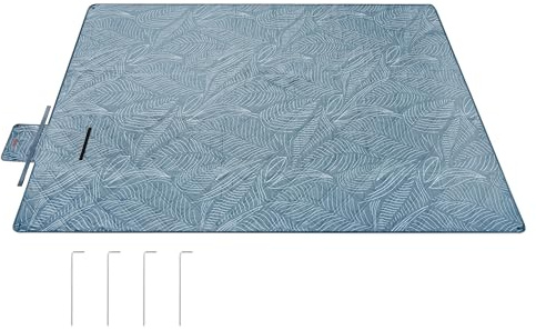 SONGMICS Couverture de Pique-Nique, 300 x 200 cm, avec 4 Piquets de Sol, Grand Tapis, pour Camping, Parc, Jardin, Plage, Hydrofuge, Lavable en Machine, Pliable, Motif Feuilles et Bleu Clair GCM310Q03