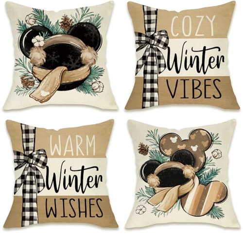 Fahrendom Warm Winter Wishes Decorative Throw Pillow Covers 18 x 18 Set of 4, Cozy Vibes Cartoon Mouse Pine Needle Farmhouse Outdoor Pillowcase, Seasonal Christmas Holiday Cushion Case Home Decor
