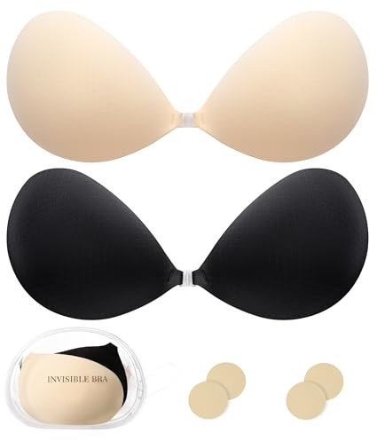 Kemowi 2 Pair Stick On Push Up Bra for Women - Breathable & Reusable Sticky Invisible Adhesive Bra, Strapless & Backless Bra for Everyday Wearing with 2 Pack Nipple Covers