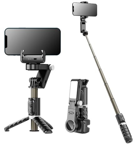 Stabilisateur de Cardan pour Perche à Selfie Portable, Trépied de Téléphone avec Suivi Automatique du Visage avec Lumière de Remplissage LED, Télécommande sans Fil Amovible,