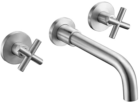 VALAZ Rubinetto Bagno Lavabo a Muro Acciaio Spazzolato Protezione PVD | Rubinetto lavabo a Due Maniglie Acqua Fredda e Calda | Installazione Facile | Ottone, Inossidabile, Becco 21cm, Serie Nalon