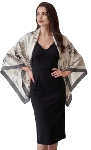 LA FERANI Seidenschal weiß grau klassisch Satin Halstuch Seide Asian Style Stola formelle Anlässe Tuch Umschlagtuch leicht 180x90 Strandtuch Geschenk für Sie Frau (Model 3)
