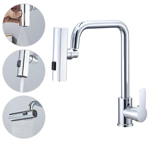 Kitchen Sink Taps Mixer with 3 Functions 360°Swivel Spray Head, Chrome Single Handle 1 Hole Stainless Steel Kitchen Faucet,