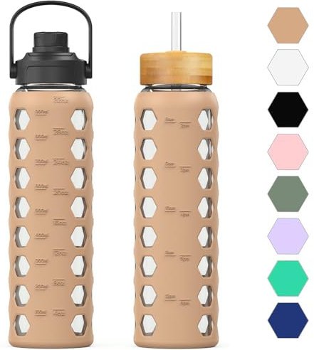 HYDRAGLAZIC 950ML Glass Water Bottle with 2 Flip and Bamboo Straw Lids Sports Water Tumbler with Time Reminder and Silicone Sleeve Leak-proof BPA Free, Amber