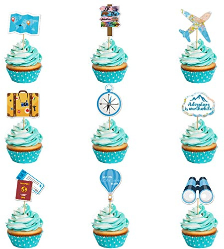 27 Pcs Travel Themed Cupcake Toppers Airplane Map Let the Adventure Begin Cake Toppers for Travel Themed Birthday Retirement Graduation Job Career Change Moving Away Baby Shower Party Supplies