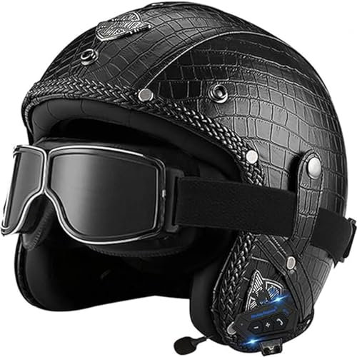 QJWMatic Bluetooth Vintage Motorradhelm Open Face Jethelm Roller Helm Damen Herren Retro Halbhelm Mit Visier ECE Approved E,L59-60CM
