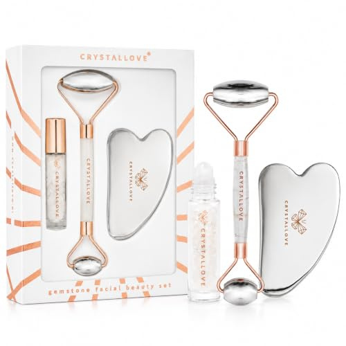 CRYSTALLOVE Cryo Ice Beauty Set – 3-teiliges Gesichtsmassage Set aus Edelstahl mit Gesichtsroller, Gua Sha und Roll-On Flasche, Beauty Tool für Gesicht, Hals & Dekolleté