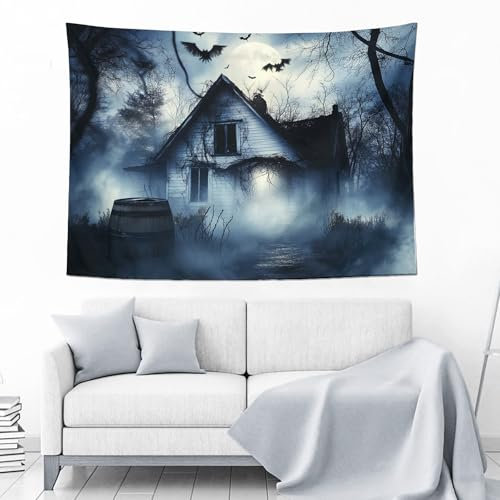 Natur-Halloween-Wandteppich,Horror-Thema,Hintergrund,Wandteppiche,Wandbehänge,Kaputtes Holzhaus Und Krähe,Halloween-Fotografie,Party-Dekoration,Hintergrund,Wandbild,Wanddekoration,Grau,A,130 × 150