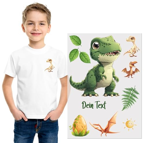 GRAZDesign Bügelbilder Set Dinos für Textilien DIN A4 zum selbst aufbügeln für Kinder mit Namen personalisiert
