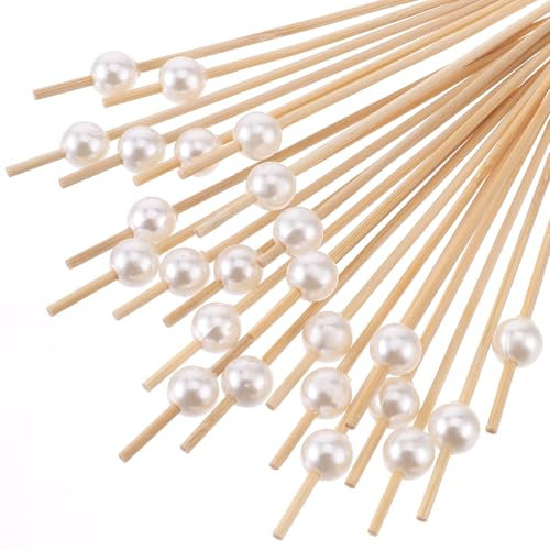 100 Stück Cocktailspieße, Spieße Fingerfood aus Holz Cocktailspieße mit Perle Schmücken Zahnstocher Holz Spiesse für Snacks Fingerfood Partyspieße Obstspieße Cocktail Deko für Party Geschenk Fasching