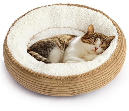 Love's cabin Round Donut Cat and Dog Cushion Bed, 20in Pet Bed for Cats or Small Dogs, Anti-Slip & Water-Resistant Bottom, Super Soft Durable Fabric Pet beds, Washable Luxury Cat Dog Bed Stripe Camel