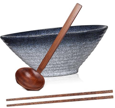 Ciieeo Bol Ramen Céramique Avec Baguettes Bois Et Cuillère Bois Vaisselle Japonaise Et Multi-usage Pour Nouilles Salades Et Riz