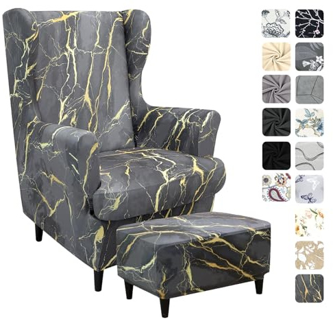 Alishomtll 3 Teilig Ohrensessel Überzug Mit Ottomane Schonbezug Stretch Sessel-Überwürfe Elastisch Sesselhusse Strandmon Tiger Stuhlbezug mit Armlehne Hohe Rückenlehne Universal (Grau Gold Marmor)