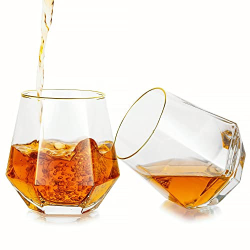 Diamond Whiskey Gläser 2er Set - Goldrand geneigte Trinkgläser Whiskybecher Geometrisches Design - Einzigartiger Whiskyglas Tumbler