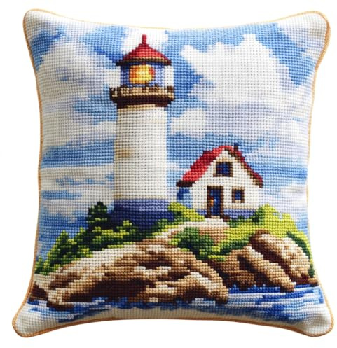 ASONGLINGO Knotting Cushion Set, Latch Cushion Kit for Beginners, DIY Latch Hook Set, Knüpfkissen Kits 43 x 43 cm(Leuchtturm am Meer)