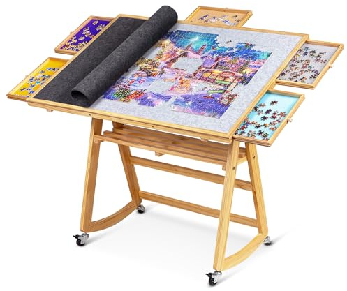 LAVIEVERT 1500 Piece Tilting Puzzle Table with 5 Colored Drawers & Cover, Jigsaw Puzzle Board with Storage, Portable Wooden Table with Legs, 4 Wheels & Non-Slip Tabletop for Adults