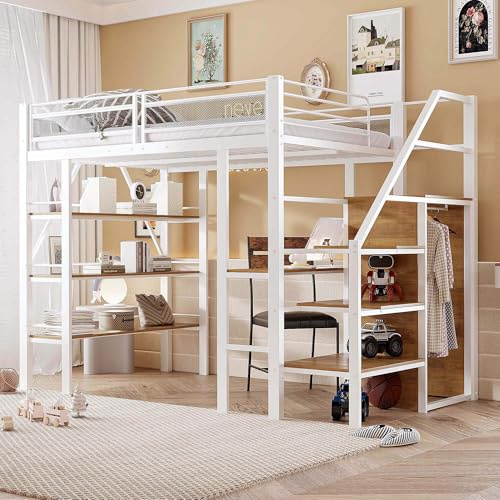 HYUB Hochbett Metallbett 140x200 cm mit Schreibtisch und Kleiderschrank, Etagenbett mit Treppe und Stauraum, Bettgestell mit Lattenrost, Bett für Erwachsene Jugendliche und Kinder, Weiß