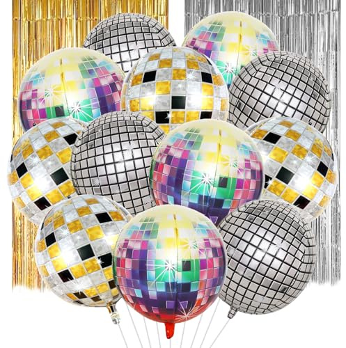 Huahuanghui 12 Stück Discokugel Luftballon,22 Zoll 4D Discokugel Folienballons,Helium Ballons Party Deko,Disco Dekoration,70er 80er Jahre Retro Vorhang Party Deko für Disco Mottoparty Geburtstag | Disco Dekoration,2 Zoll 4D Discokugel Folienballons,70er 80er Jahre Retro Vorhang Party Deko für Disco Mottoparty Geburtstag